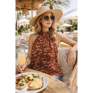 June & Hudson Floral Faux Wrap Halter Blouse Small | Sheer Boho Chic Sleeveless